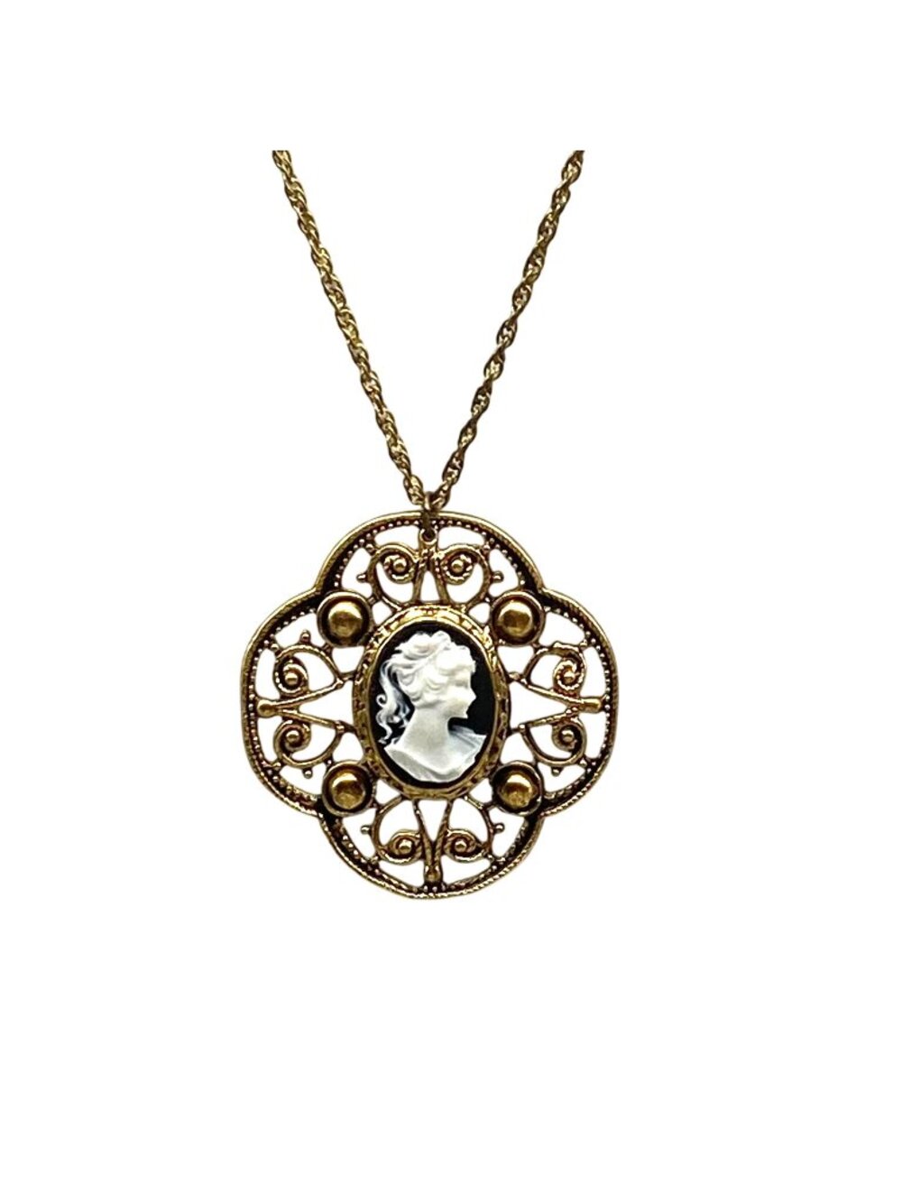 Vintage Cameo Pendant Necklace, Black and White Ponytail Girl in Ornate Gold